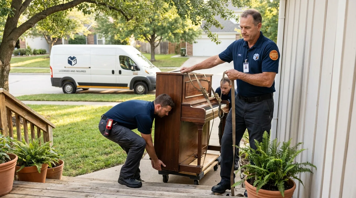 Licensed piano movers securing grand piano in Vancouver, WA