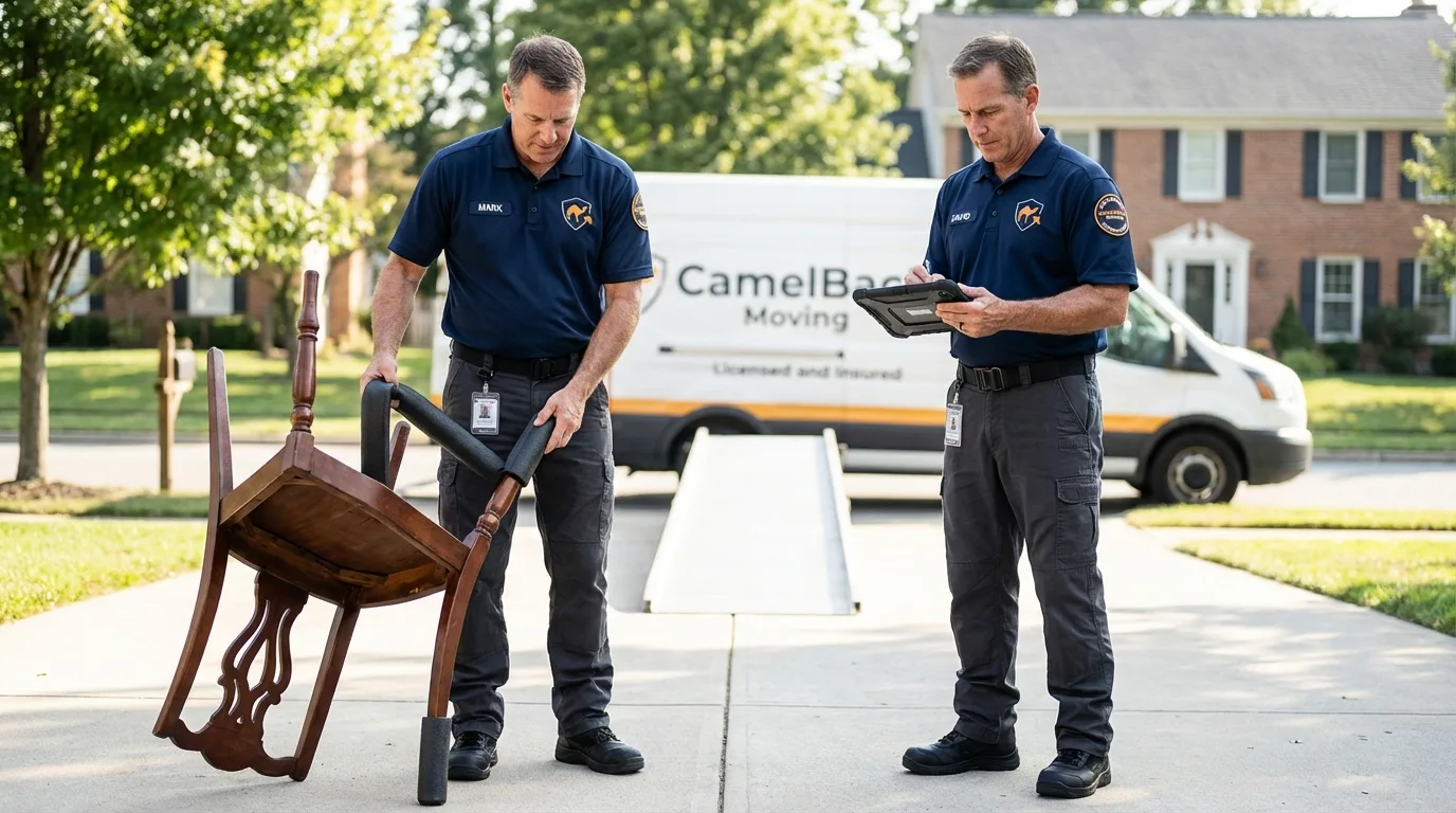 Movers inspecting furniture for damage prevention before loading in Vancouver, WA