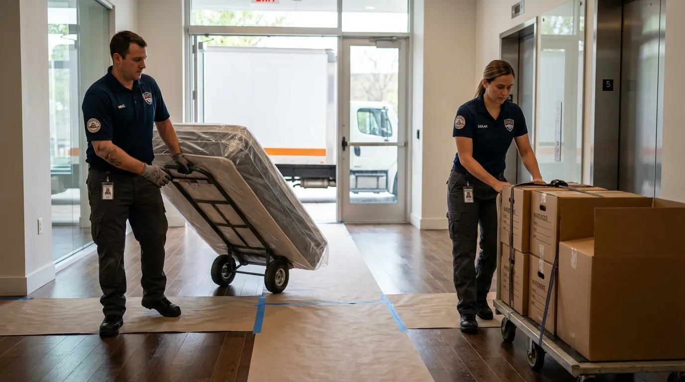Professional apartment movers loading elevator in Vancouver, WA